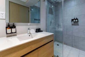 Chuveiro, secador de cabelo, toalhas de banho, shampoo