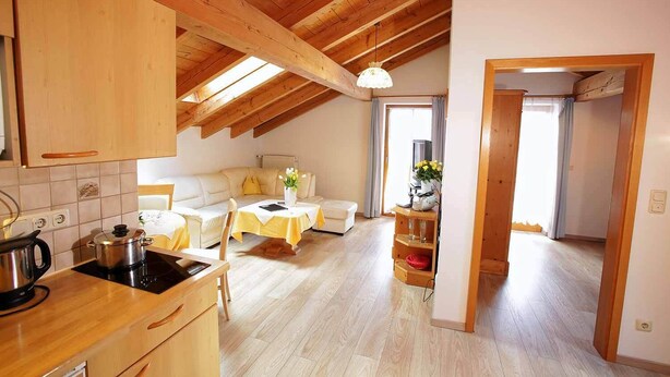 A cozy, well-lit room with a wooden ceiling, a dining area with a table and chairs, a sofa, and a kitchen area with a stove and cabinets. - Apartment type 4 (Anger)