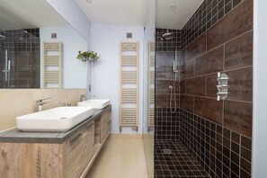 Shower, hair dryer, towels