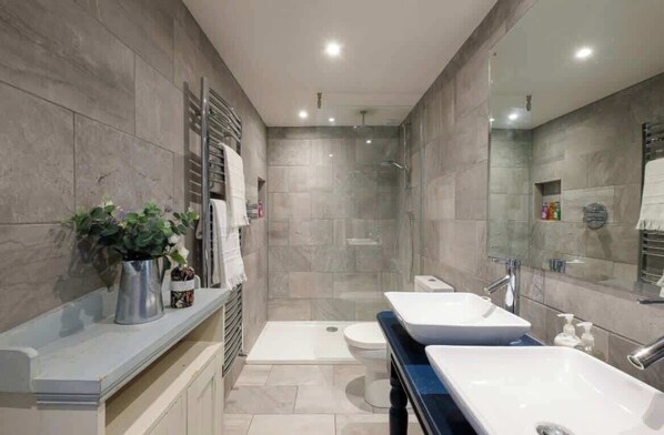 Shower, hair dryer, towels