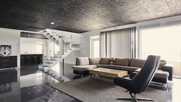 Deluxe Duplex, Golf View | Living area | 55-inch Smart TV with cable channels, streaming services