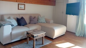 Ein Wohnzimmer mit Sofa, Couchtisch, Fernseher und Kleiderschrank.
