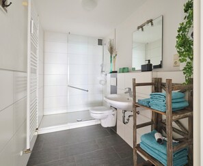 Shower, hair dryer, towels