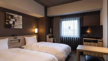 Desk, laptop workspace, blackout drapes, iron/ironing board