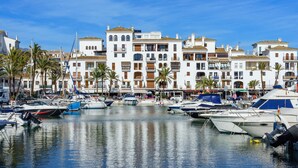 Un port de plaisance où sont amarrés des bateaux, entouré d’immeubles à plusieurs étages dotés de balcons et de palmiers.