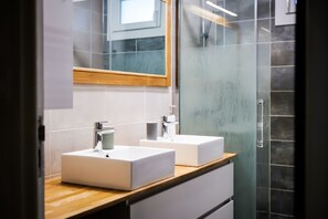 Shower, hair dryer, towels