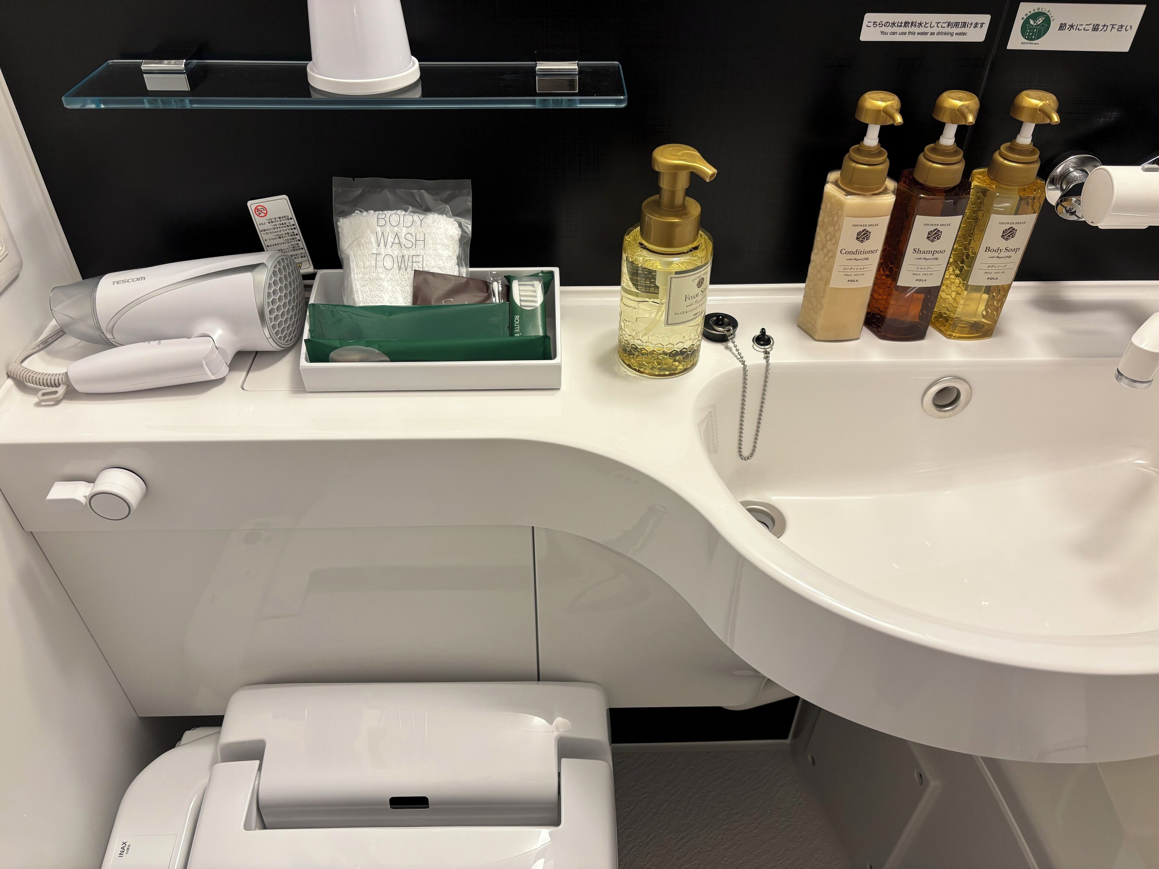 A modern bathroom with a white sink, a hairdryer, body wash, shampoo, and body soap on the counter.