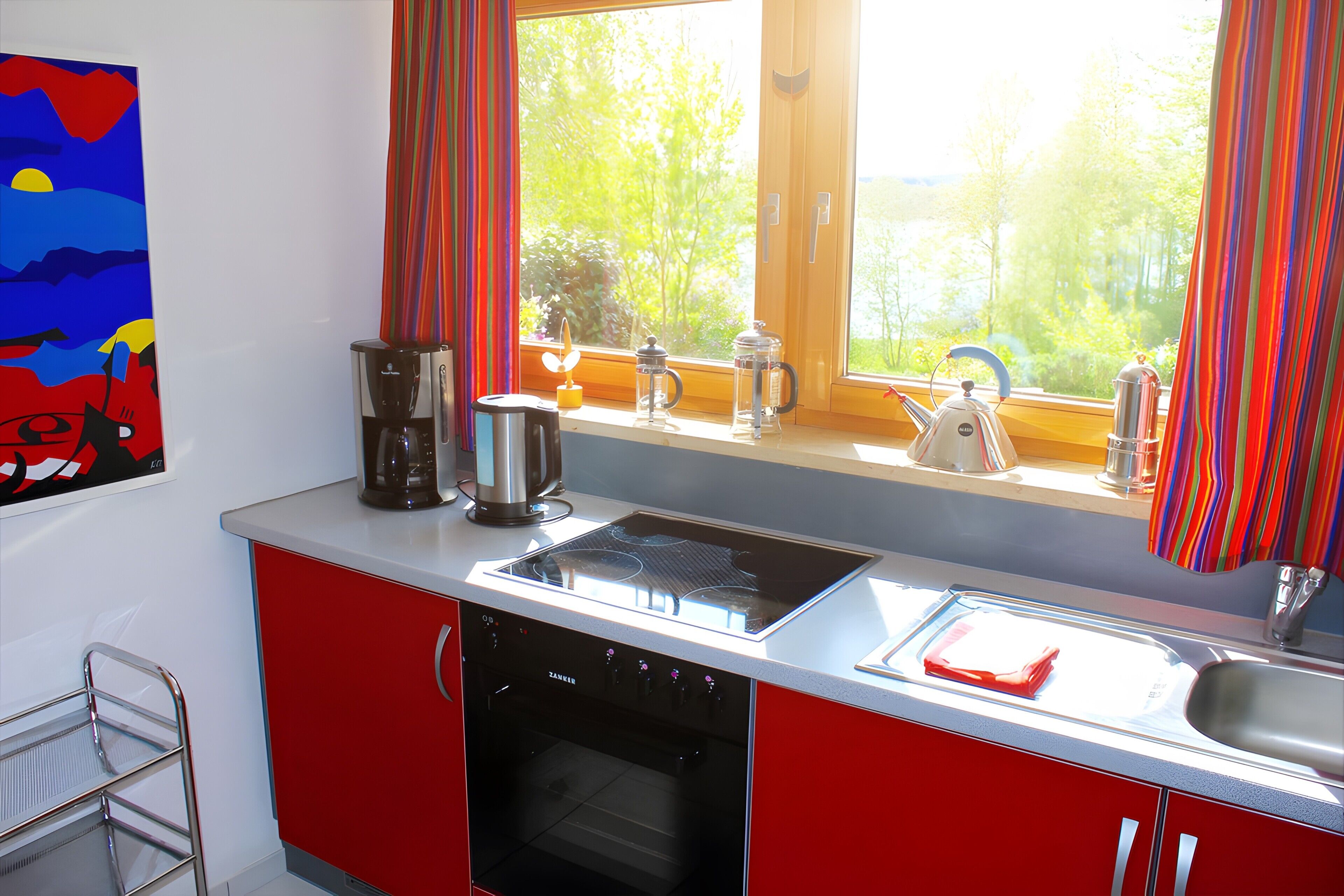 Kühlschrank, Ofen, Herdplatte, Wasserkocher mit Kaffee-/Teezubehör