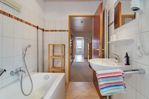 Shower, hair dryer, towels