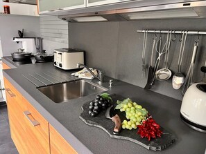 Fridge, microwave, oven, stovetop - Apartment 'Krenz' with Private Terrace and Wi-Fi (Uhldingen-Mühlhofen)