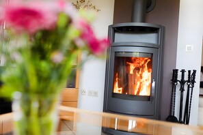 Ein moderner Kaminofen in einem Raum mit freiem Blick auf das Feuer, eine Blumenvase und ein Satz Metallwerkzeuge an der Wand.