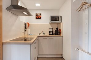 Fridge, microwave, oven, stovetop - Apartment 'Pflumberg, 46qm' with Private Terrace, Shared Garden and Wi-Fi (Lenzkirch)