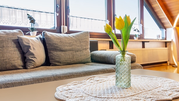Un salon chaleureux avec un canapé, un vase rempli de fleurs et une vue par la fenêtre.