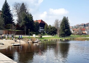 A lakeside park with a wooden dock, trees, and buildings in the background.