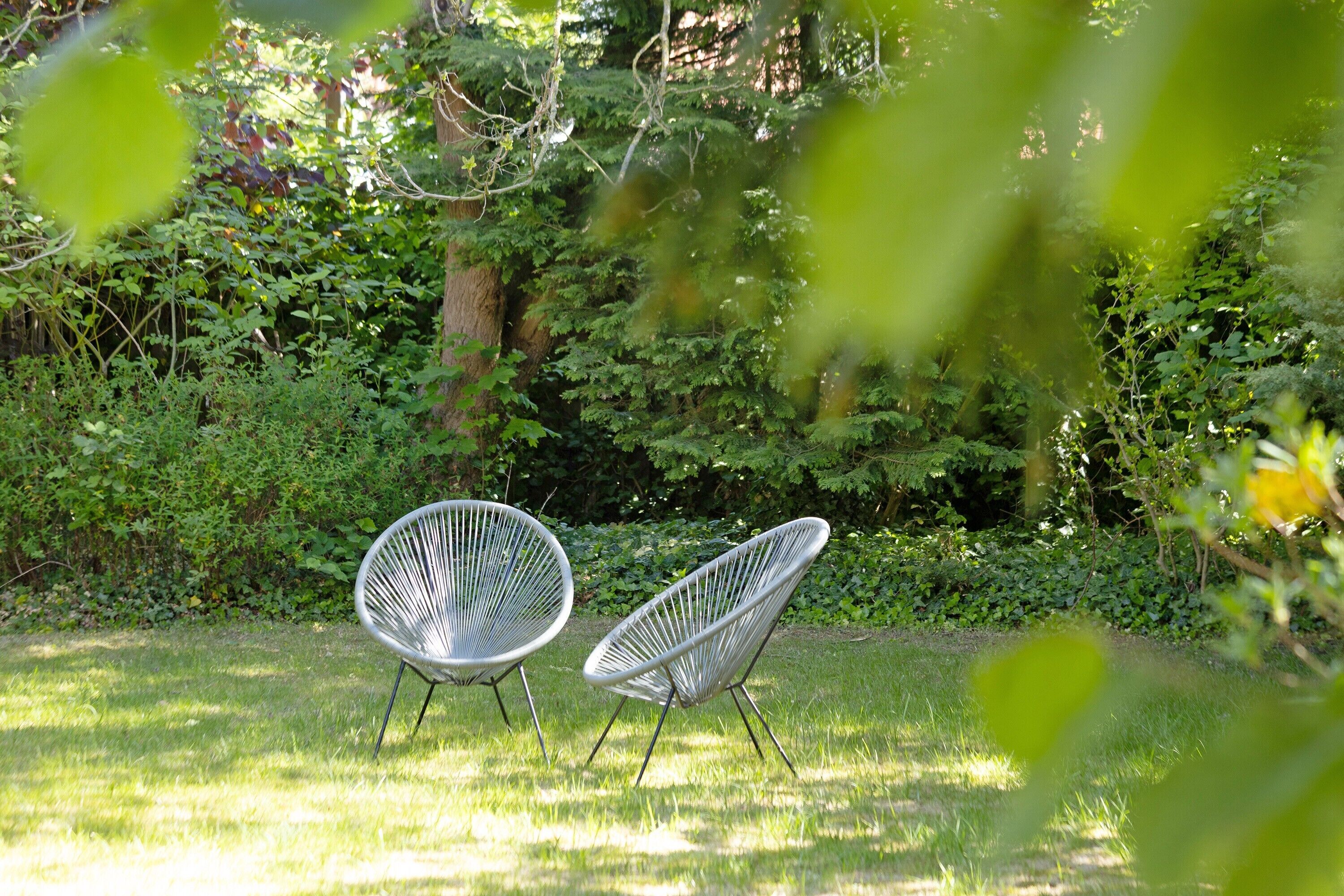 Two white chairs in a grassy outdoor area with dense foliage in the background.