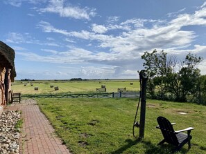 Paisaje rural con un edificio de techo de paja, un camino pavimentado, fardos de heno y una silla de madera.