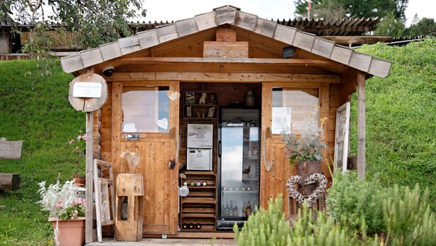 A wooden cabin with a sloped roof, a door, and a small window. - Holiday Apartment 'Vergissmeinnicht' with Mountain View, Shared Garden and Wi-Fi (Kirchzarten)