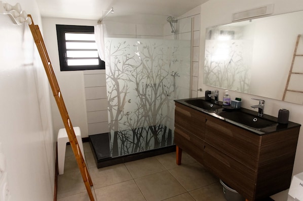 Shower, hair dryer, towels, toilet paper