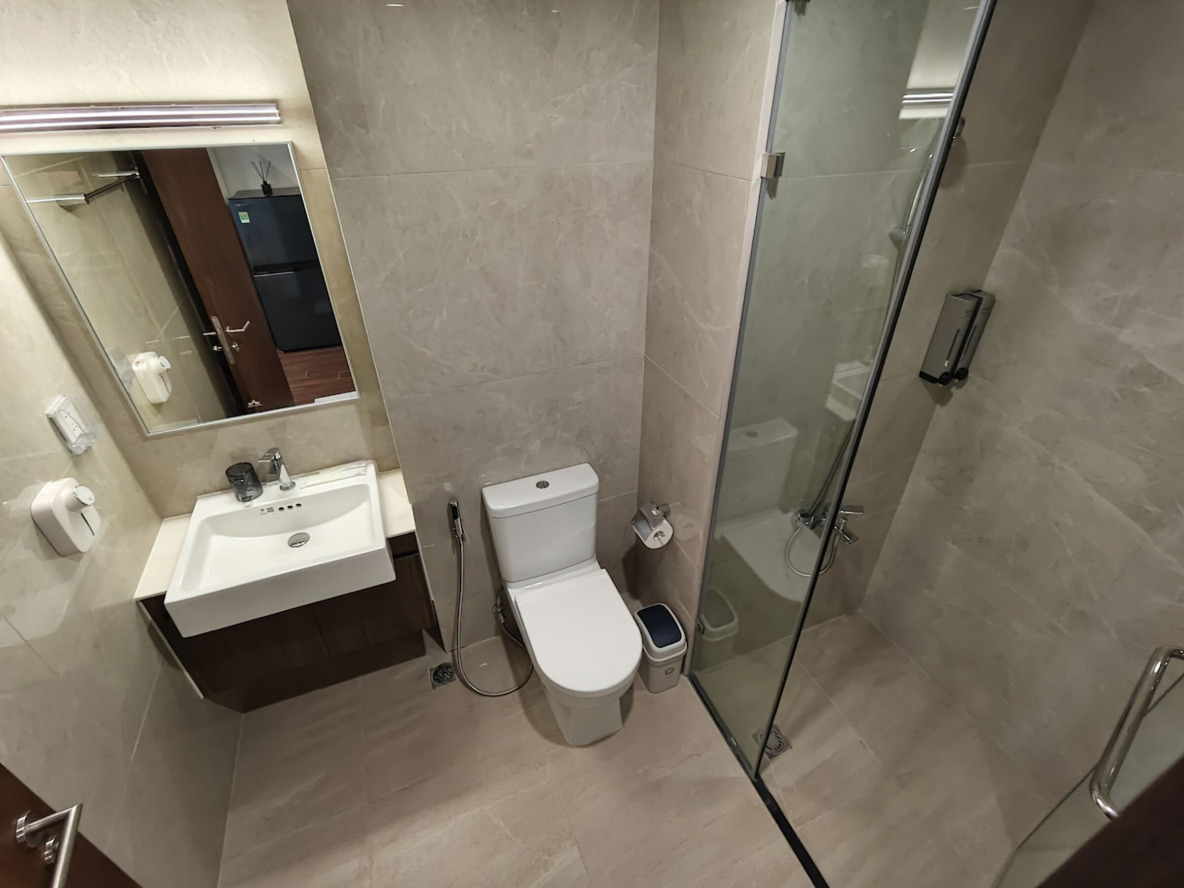 A modern bathroom with a glass-enclosed shower, a white sink, and a toilet.