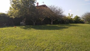 Een gazon met bomen en een gebouw op de achtergrond.