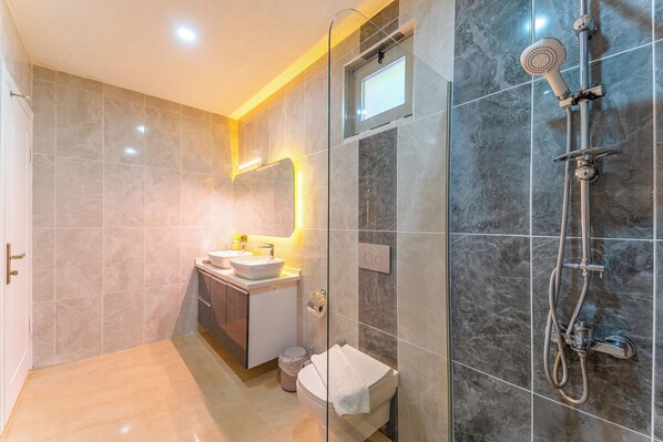 A modern bathroom with a glass-enclosed shower, a sink, and a toilet.
