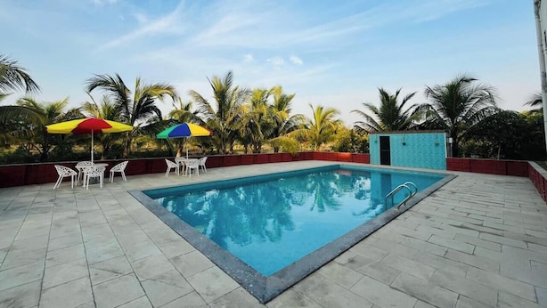 Una piscina con solárium empedrado, rodeada de palmeras y sillas blancas bajo sombrillas de colores.