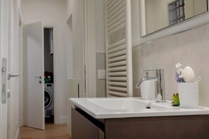 Shower, hair dryer, bidet, towels