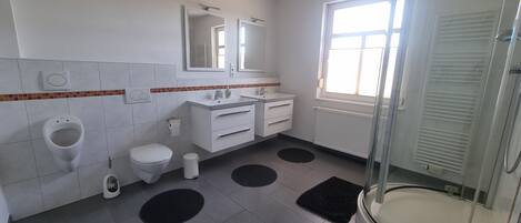 A bathroom with a toilet, urinal, sink, mirror, and shower.