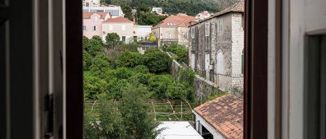 A view from a window overlooking a hillside with buildings, trees, and a red-tiled roof.