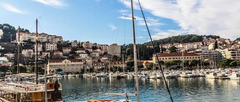 A harbor with boats, a pedestrian crossing, and a cityscape in the background.