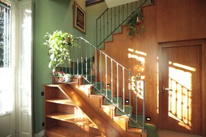 Staircase leads to a landing area with a potted plant.