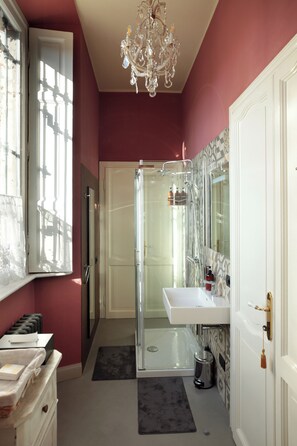 Shower, bidet, towels, soap