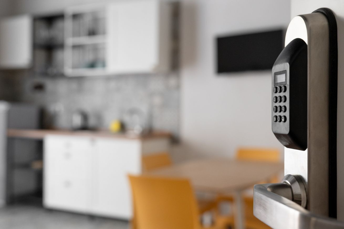 A modern kitchen with a built-in telephone and a dining area with yellow chairs.