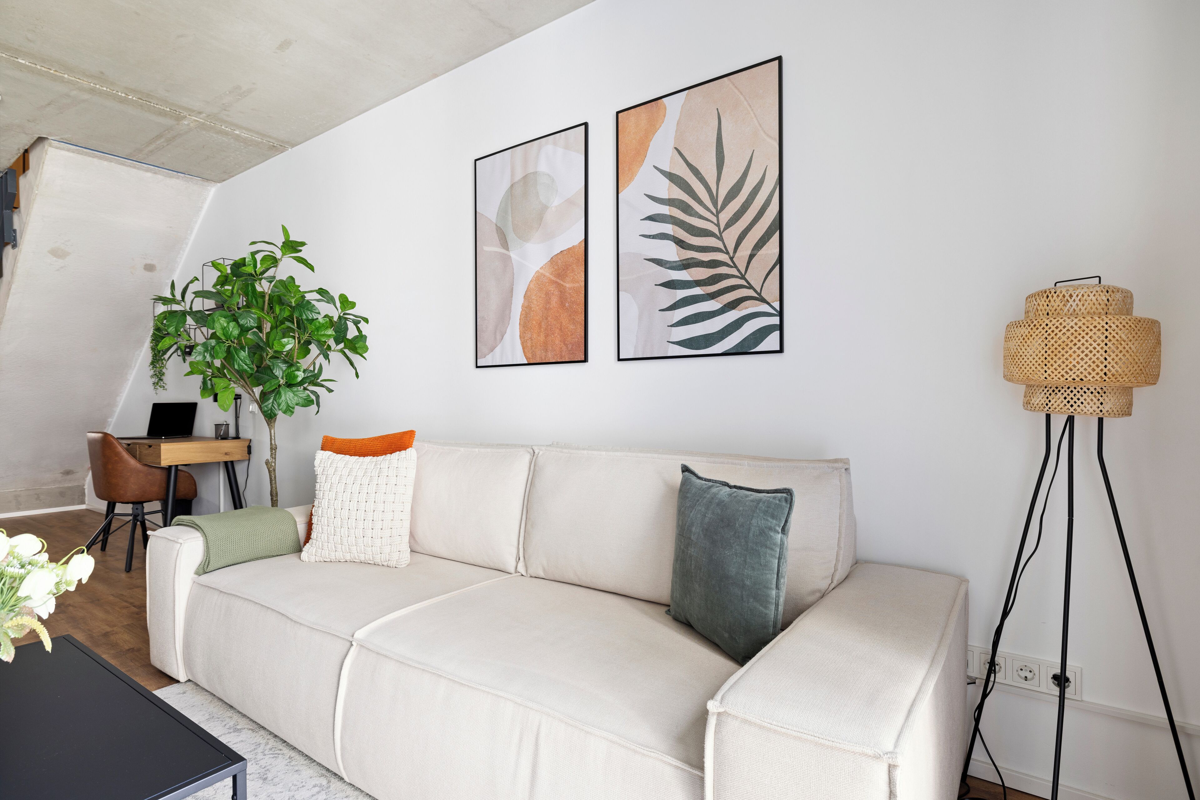Ein Wohnzimmer mit einem weißen Sofa, einer Zimmerpflanze und zwei gerahmten Kunstwerken an der Wand.