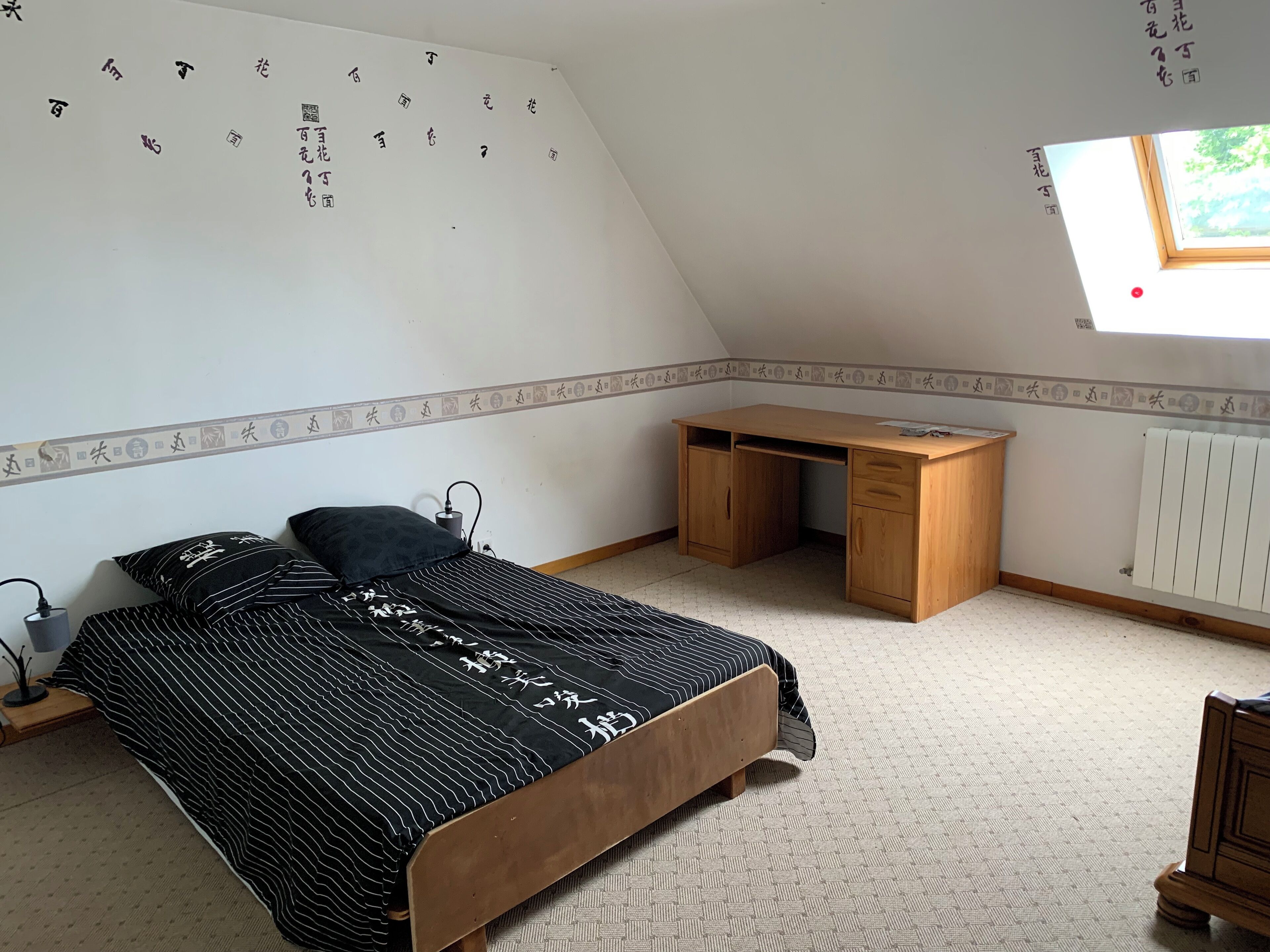 Une chambre à coucher avec un lit, un bureau et un radiateur.