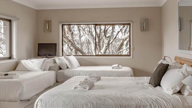 Une chambre moderne avec un grand lit, deux petits lits, un bureau et une grande fenêtre donnant sur les arbres.