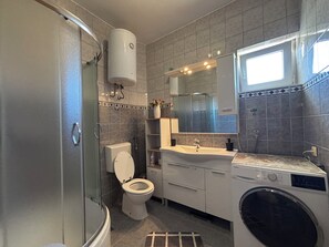 A modern bathroom with a glass shower enclosure, a toilet, a sink with a mirror above, and a built-in washing machine.
