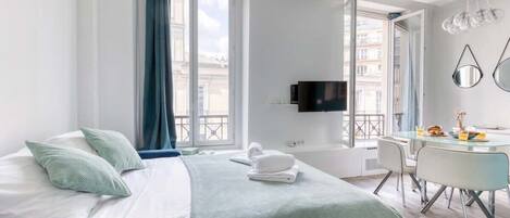 1 bedroom, desk, iron/ironing board, travel cot