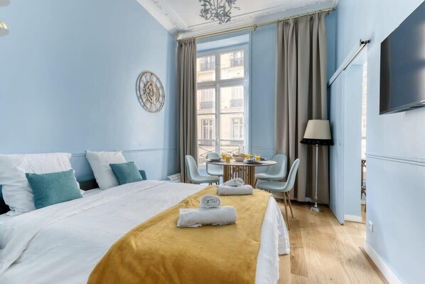 1 bedroom, desk, iron/ironing board, travel cot