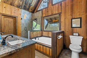 Shower, hair dryer, towels, shampoo