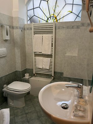 A bathroom with a toilet, sink, and towel rack. - Window To The Tower (Pisa)