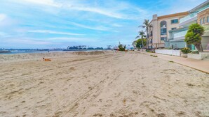 A sandy beach with a clear sky, a building with balconies, and palm trees. - Steps to bay & ocean, Belmont Park, A/C family fun (San Diego)