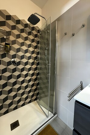 Shower, hair dryer, bidet, towels