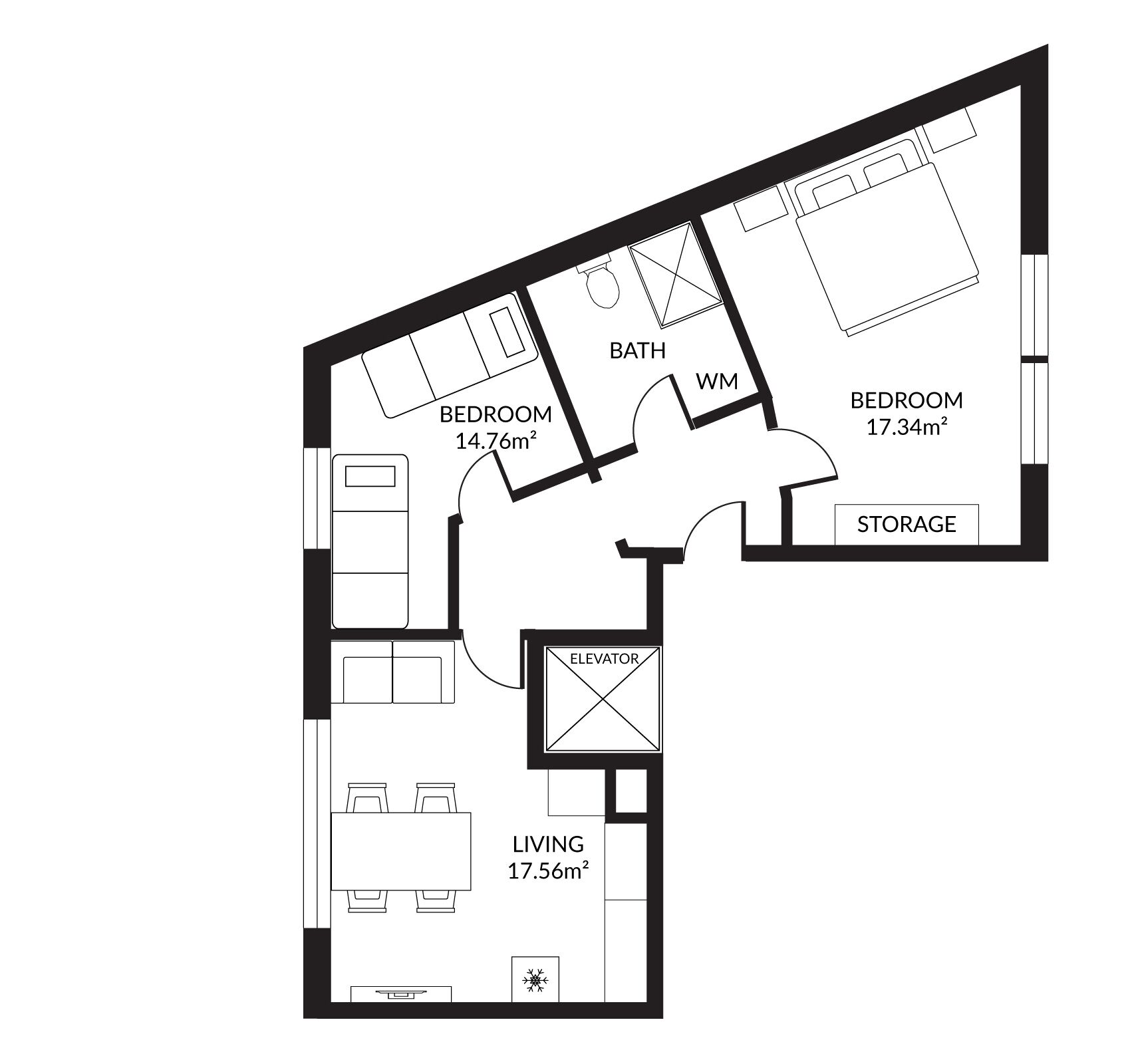 A floor plan of a house with two bedrooms, a living room, a bathroom, a storage area, and an elevator.