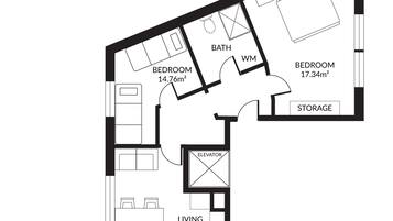 A floor plan of a house with two bedrooms, a living room, a bathroom, a storage area, and an elevator.