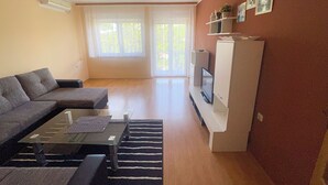 A living room with a sofa, coffee table, TV, and a fireplace. - Apartman Combaj 1 (Crikvenica)
