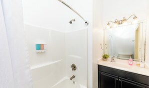 Hair dryer, towels, soap, toilet paper