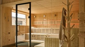 Een houten sauna met banken en een glazen deur naar buiten.