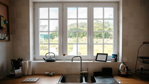 A kitchen with a double sink, a window with a view of greenery, and a kettle on the windowsill.