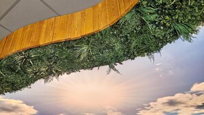 Un plafond orné d’un panneau de bois incurvé et d’une surface réfléchissante représentant un ciel nuageux.
